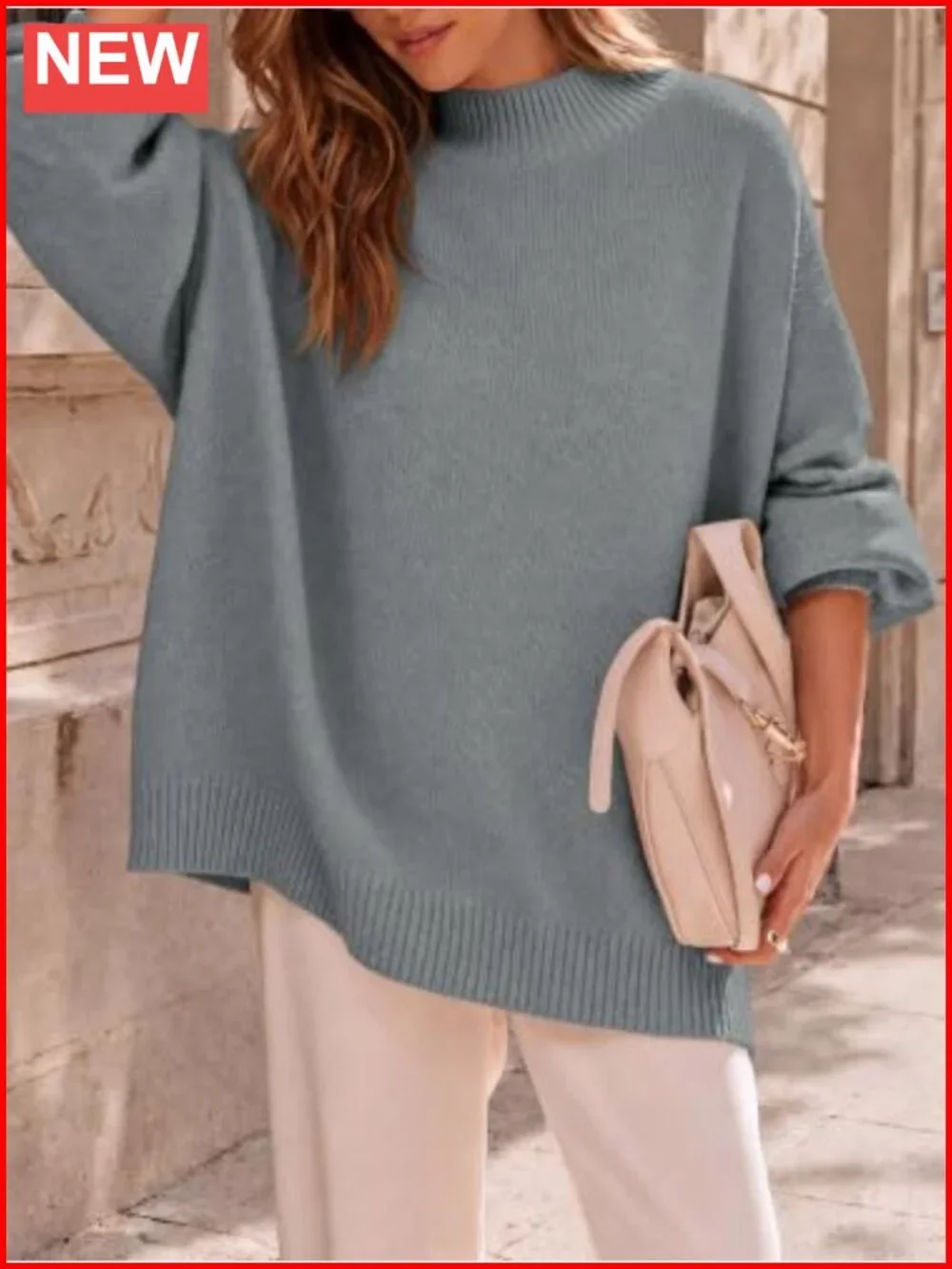 Oversized Mock Neck Pullover Tunic Sweater Long Sleeve Knit